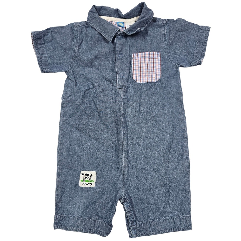 Gymboree boy 2000 TRACTOR PULL line cow farm Jean denim chambray ROMPER 18-24